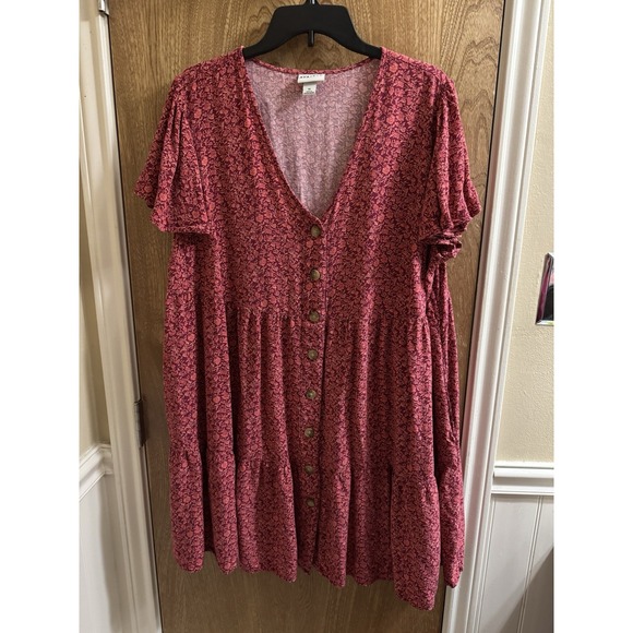 Ava & Viv Dress Womens Plus 1X Red Pink Floral Faux Button Peplum Fit & Flare - Picture 1 of 8